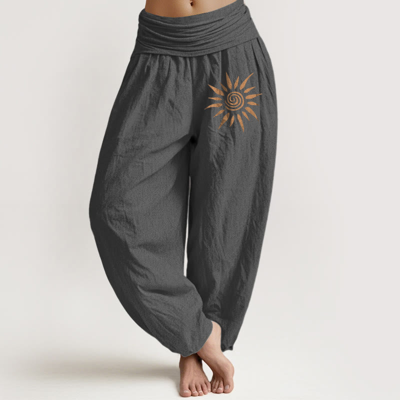 Spiral Center Sun Pattern Women's Elastic Waist Harem Pure Cotton Pants