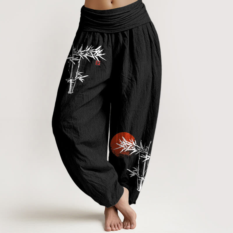 Bamboo Leaves Red Sun Pattern Women's Elastic Waist Harem Pure Cotton Pants