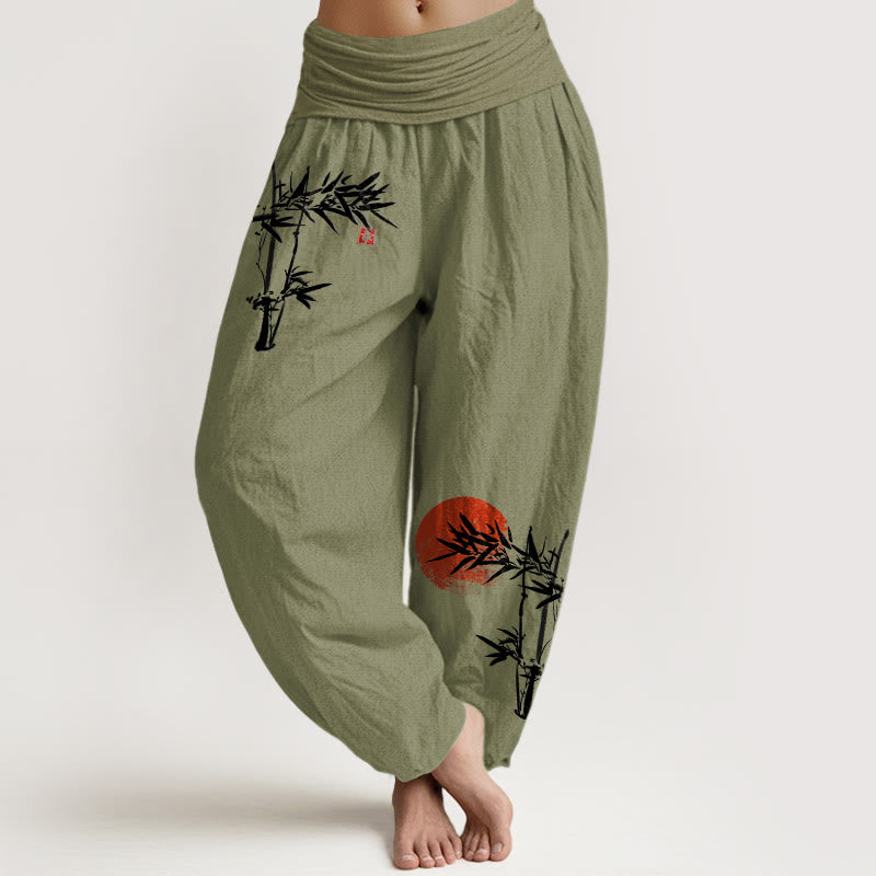 Bamboo Leaves Red Sun Pattern Women's Elastic Waist Harem Pure Cotton Pants