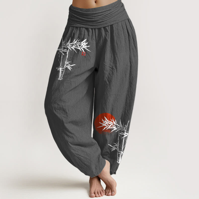 Bamboo Leaves Red Sun Pattern Women's Elastic Waist Harem Pure Cotton Pants