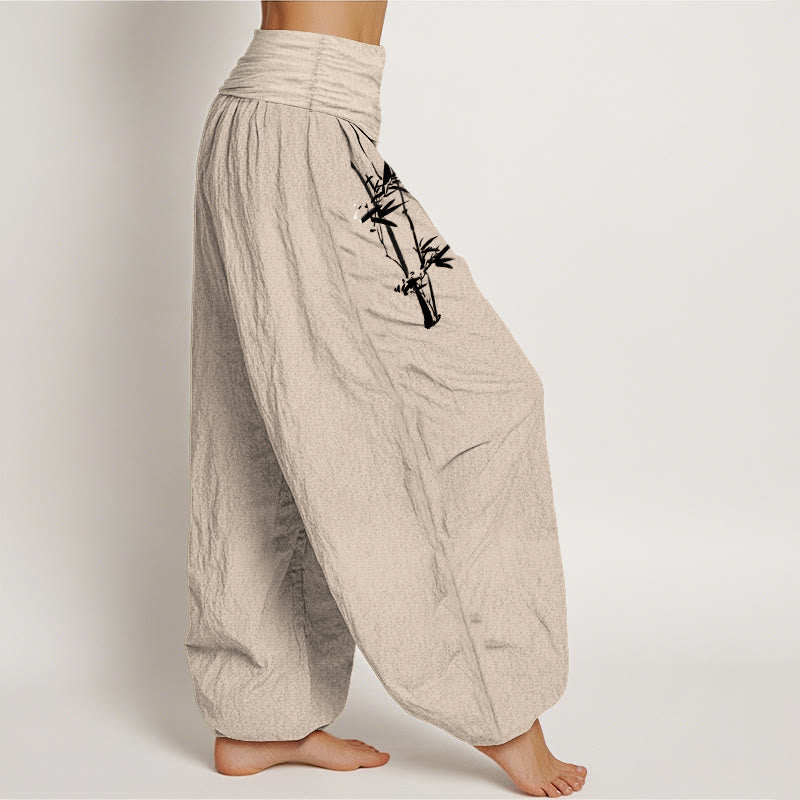 Bamboo Leaves Red Sun Pattern Women's Elastic Waist Harem Pure Cotton Pants