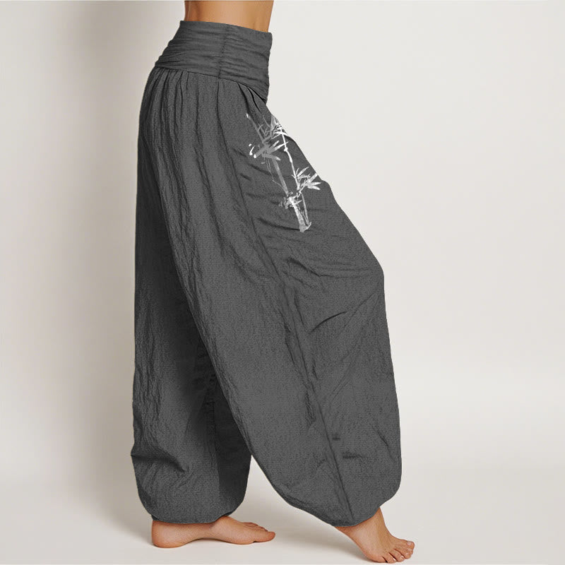 Bamboo Leaves Red Sun Pattern Women's Elastic Waist Harem Pure Cotton Pants