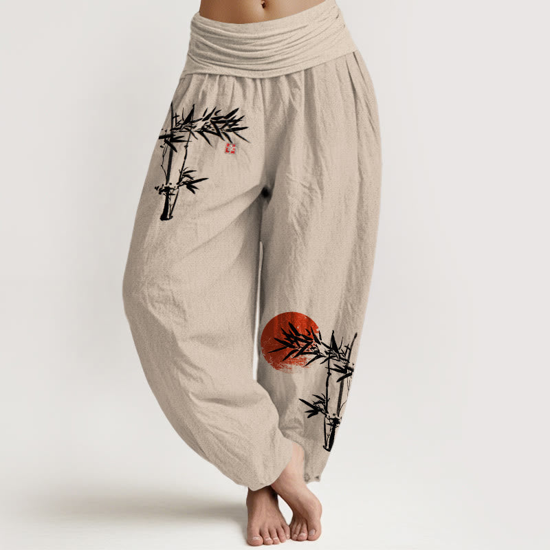 Bamboo Leaves Red Sun Pattern Women's Elastic Waist Harem Pure Cotton Pants