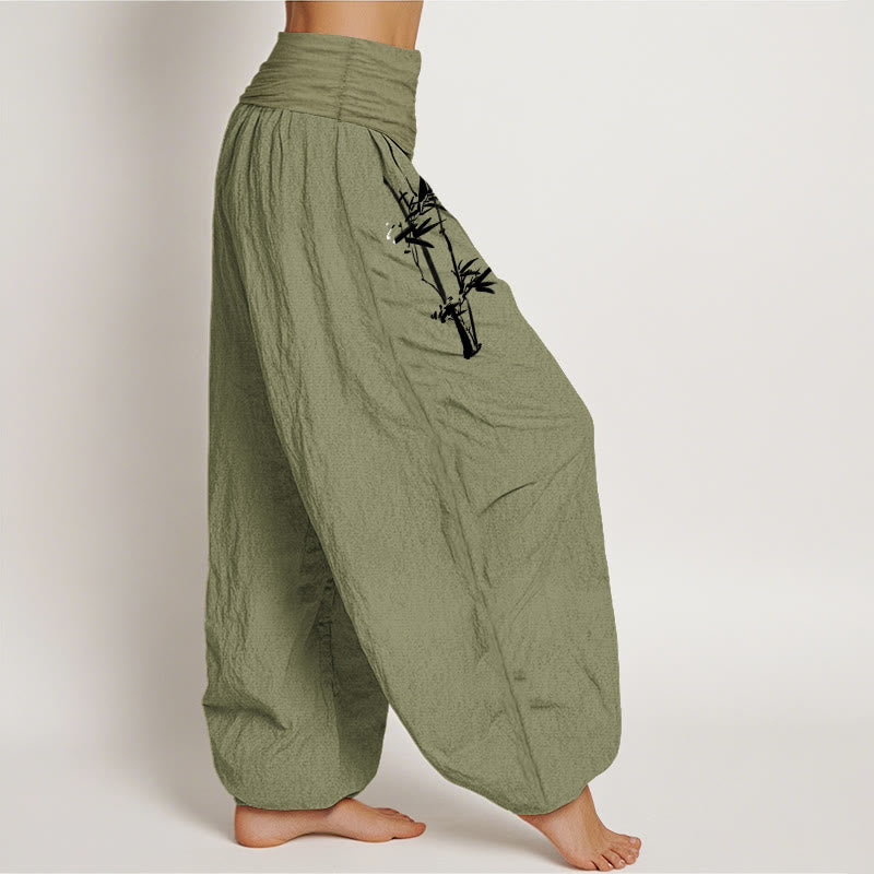 Bamboo Leaves Red Sun Pattern Women's Elastic Waist Harem Pure Cotton Pants