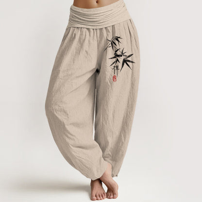Pure Cotton Bamboo Zen Pattern Women's Elastic Waist Harem Pants