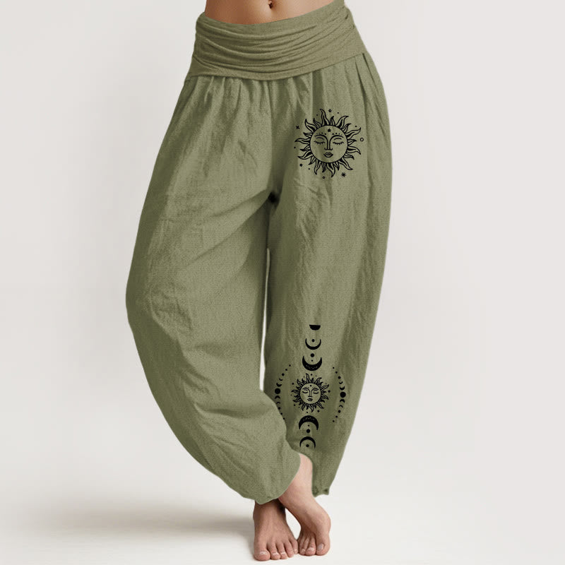 Sun Moon Stars Pattern Women's Elastic Waist Harem Pure Cotton Pants