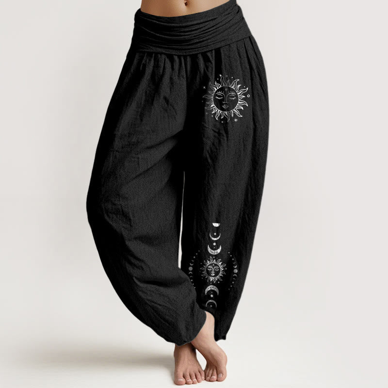 Sun Moon Stars Pattern Women's Elastic Waist Harem Pure Cotton Pants