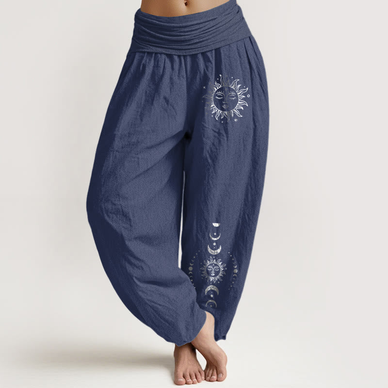 Sun Moon Stars Pattern Women's Elastic Waist Harem Pure Cotton Pants