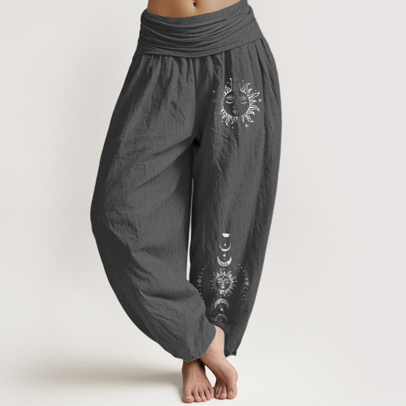 Sun Moon Stars Pattern Women's Elastic Waist Harem Pure Cotton Pants