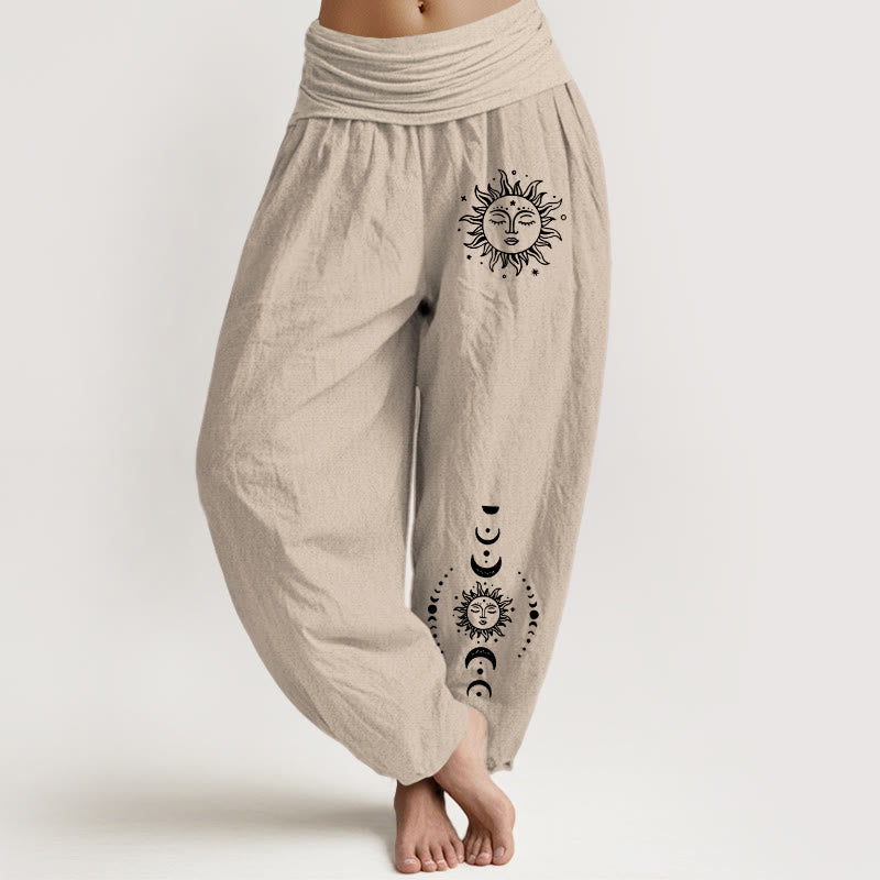 Sun Moon Stars Pattern Women's Elastic Waist Harem Pure Cotton Pants