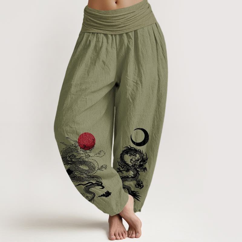 Pure Cotton Dragon Sun Moon Pattern Women's Elastic Waist Harem Pants