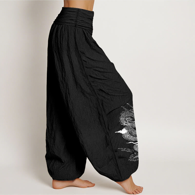 Pure Cotton Dragon Sun Moon Pattern Women's Elastic Waist Harem Pants