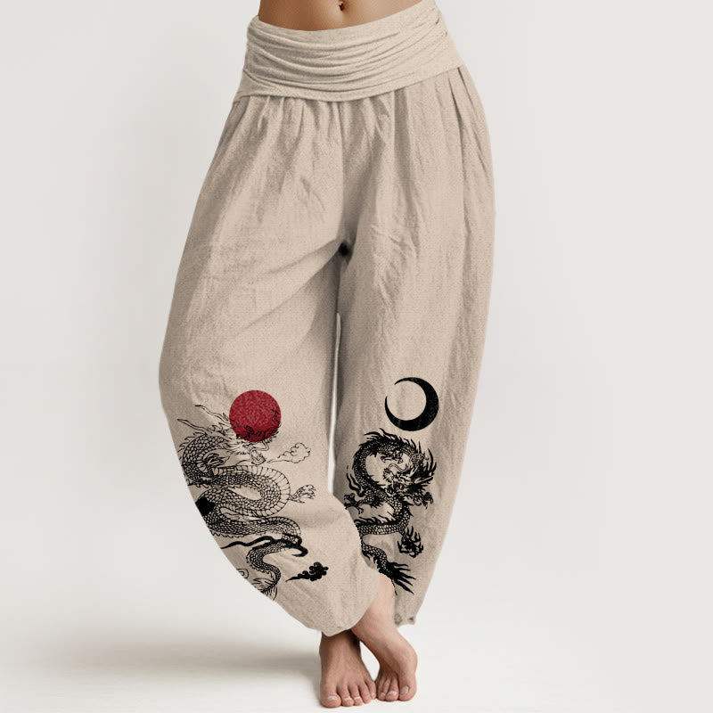Pure Cotton Dragon Sun Moon Pattern Women's Elastic Waist Harem Pants