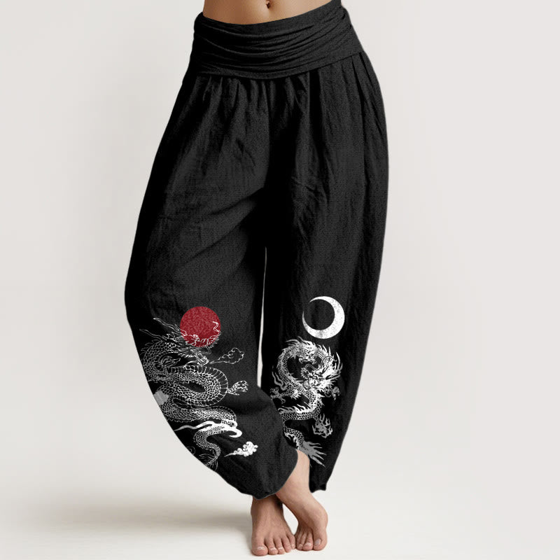 Pure Cotton Dragon Sun Moon Pattern Women's Elastic Waist Harem Pants