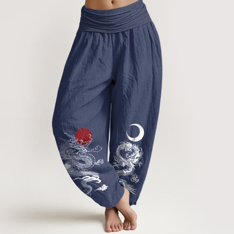 Pure Cotton Dragon Sun Moon Pattern Women's Elastic Waist Harem Pants