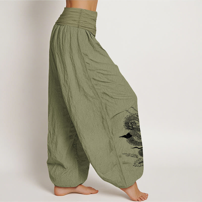 Pure Cotton Dragon Sun Moon Pattern Women's Elastic Waist Harem Pants
