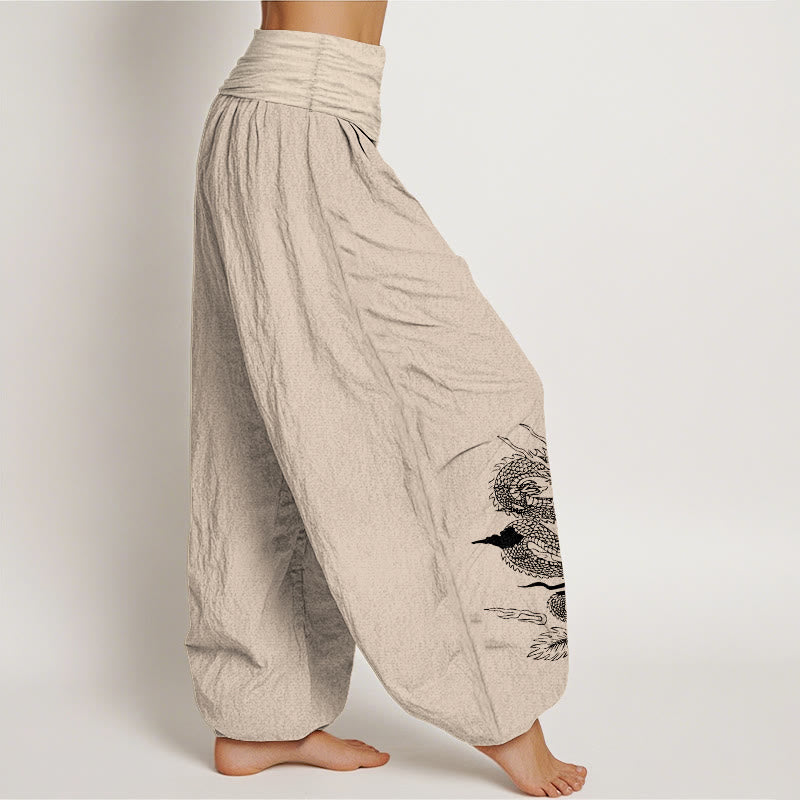 Pure Cotton Dragon Sun Moon Pattern Women's Elastic Waist Harem Pants