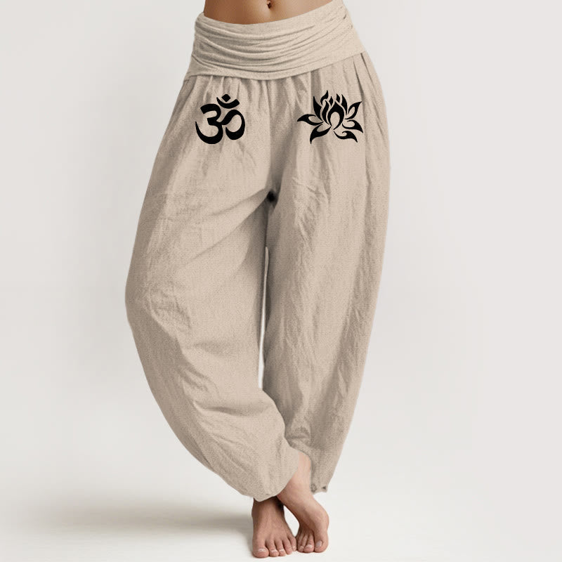 Solid Color Pure Cotton Lotus Om Symbol Pattern Women's Elastic Waist Harem Pants