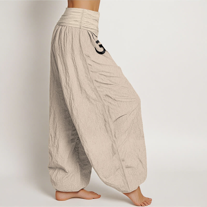 Solid Color Pure Cotton Lotus Om Symbol Pattern Women's Elastic Waist Harem Pants