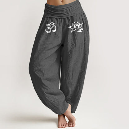 Solid Color Pure Cotton Lotus Om Symbol Pattern Women's Elastic Waist Harem Pants