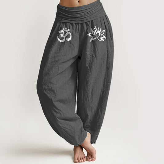 Solid Color Pure Cotton Lotus Om Symbol Pattern Women's Elastic Waist Harem Pants