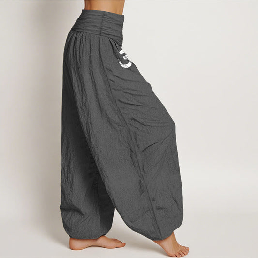 Solid Color Pure Cotton Lotus Om Symbol Pattern Women's Elastic Waist Harem Pants