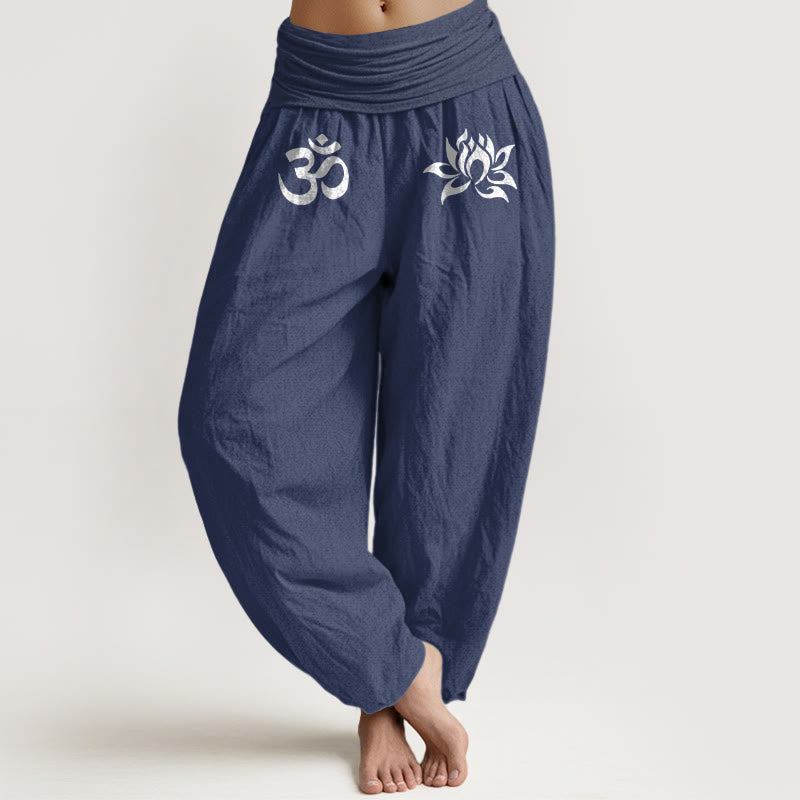 Solid Color Pure Cotton Lotus Om Symbol Pattern Women's Elastic Waist Harem Pants