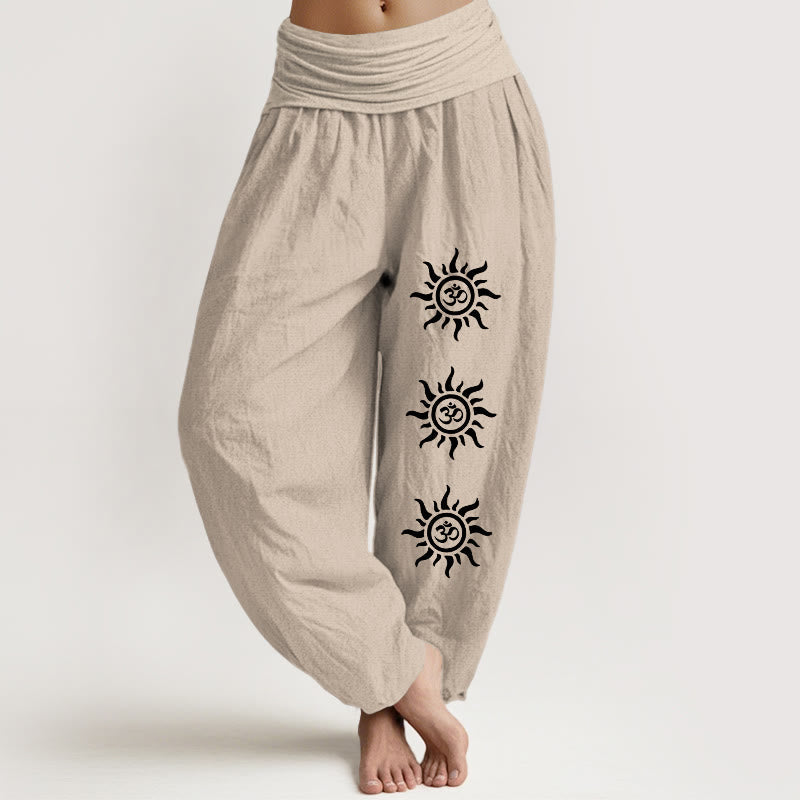 Solid Color Pure Cotton Sun Om Symbol Pattern Women's Elastic Waist Harem Pants