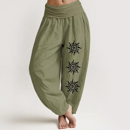 Solid Color Pure Cotton Sun Om Symbol Pattern Women's Elastic Waist Harem Pants