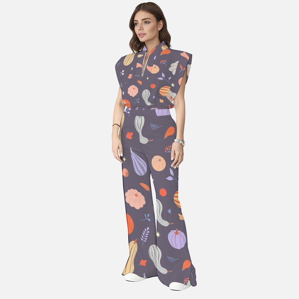 Women's Stand-Up Tie Zipper Thanksgiving Series Printed Scrub Set TS10231