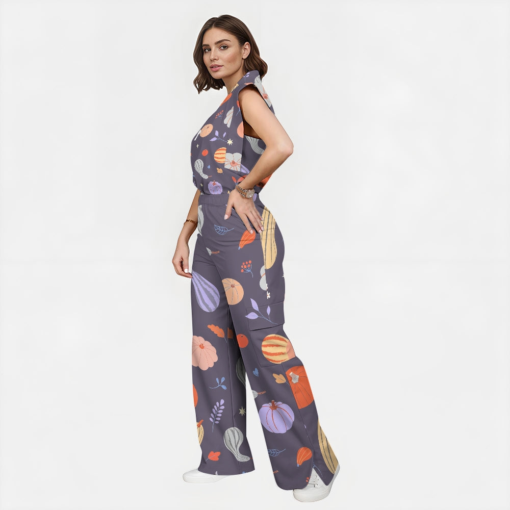 Women's Stand-Up Tie Zipper Thanksgiving Series Printed Scrub Set TS10231