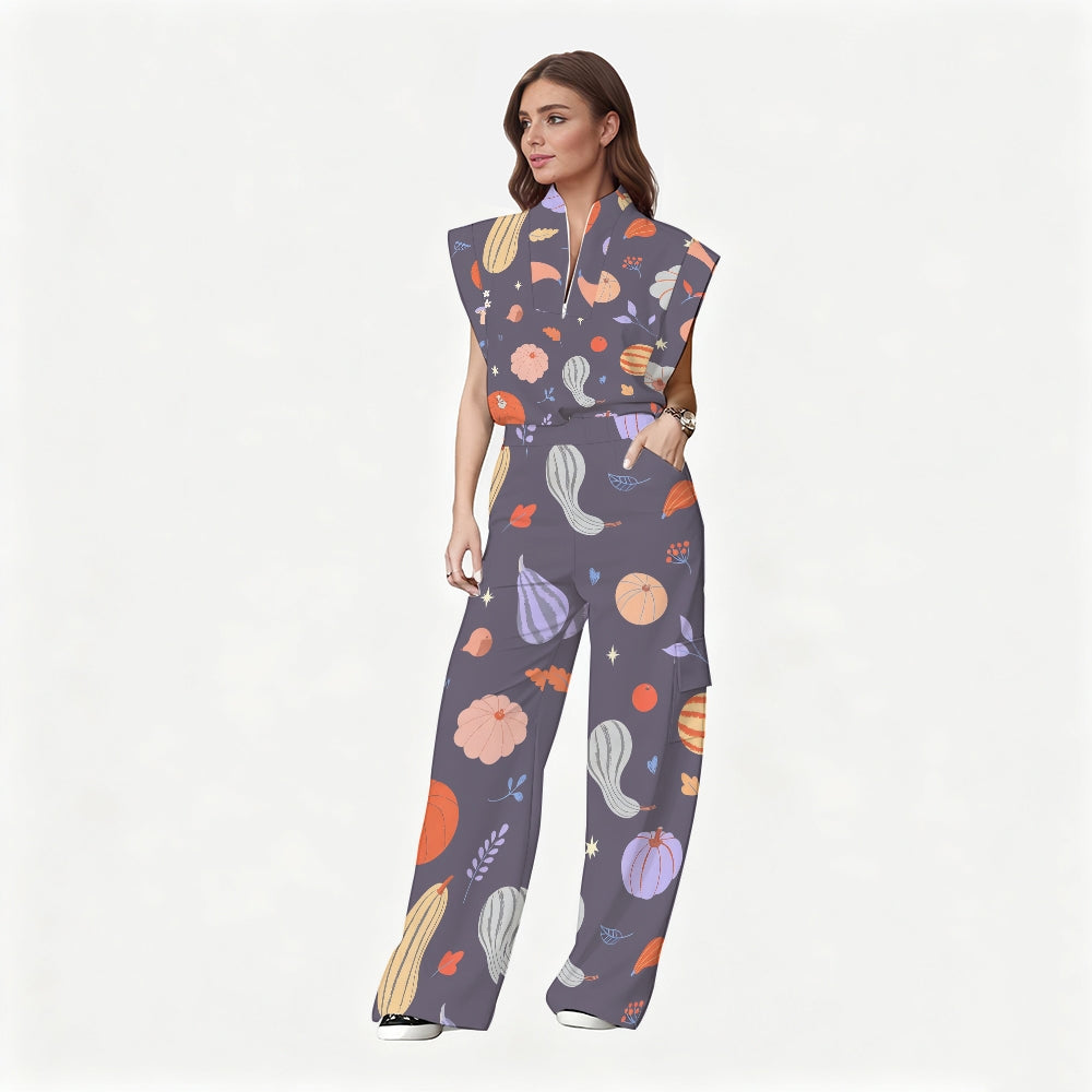 Women's Stand-Up Tie Zipper Thanksgiving Series Printed Scrub Set TS10231