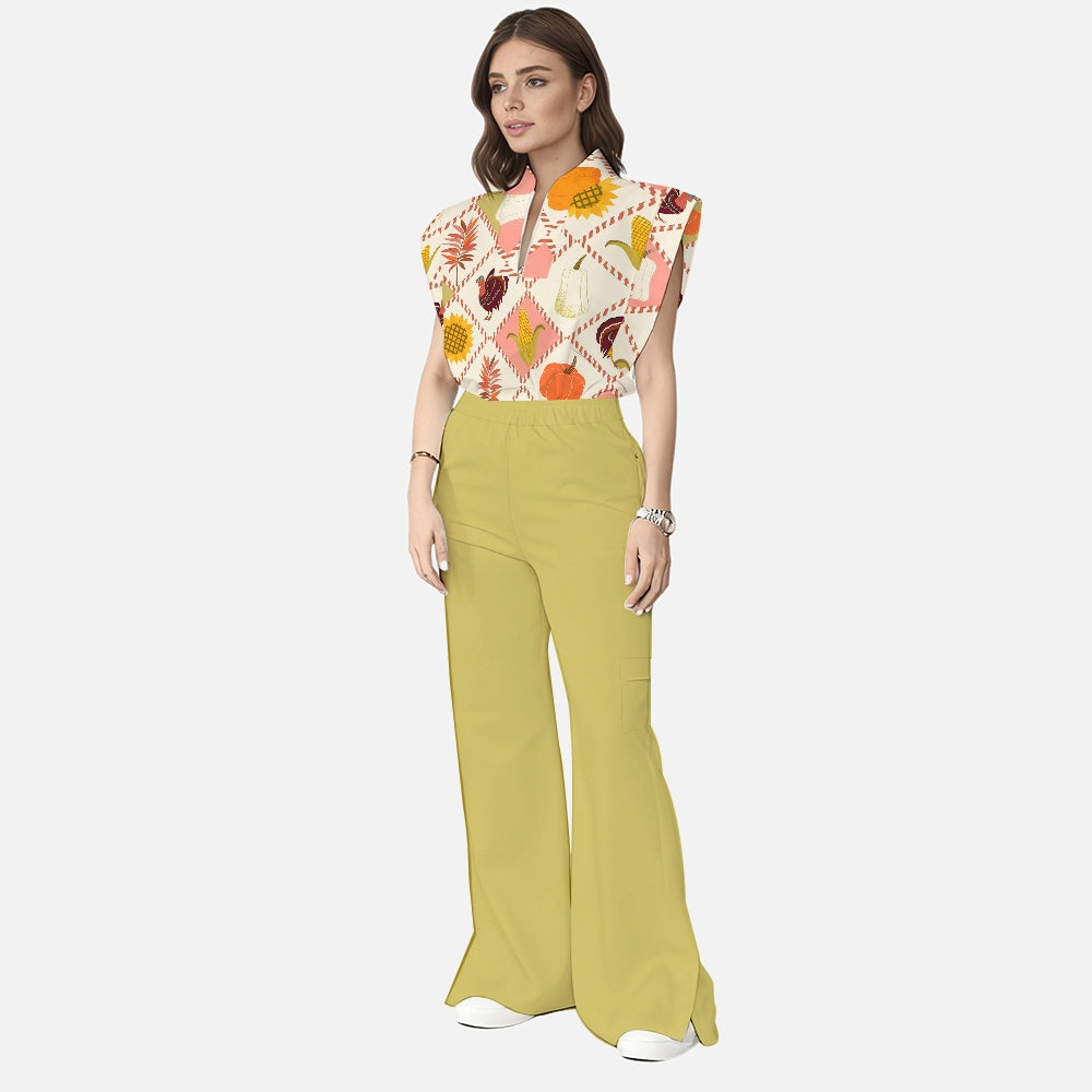 Women's Stand-Up Tie Zipper Thanksgiving Series Printed Scrub Set TS10232
