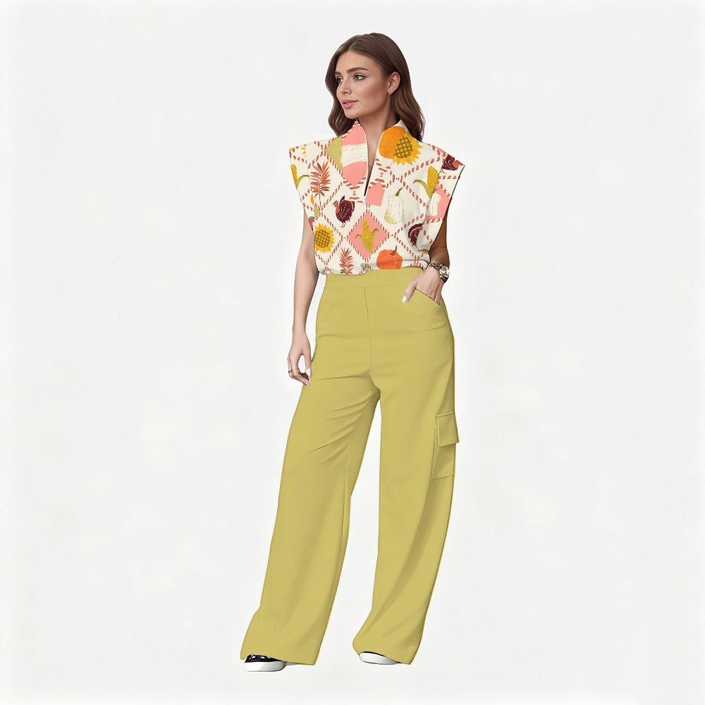 Women's Stand-Up Tie Zipper Thanksgiving Series Printed Scrub Set TS10232