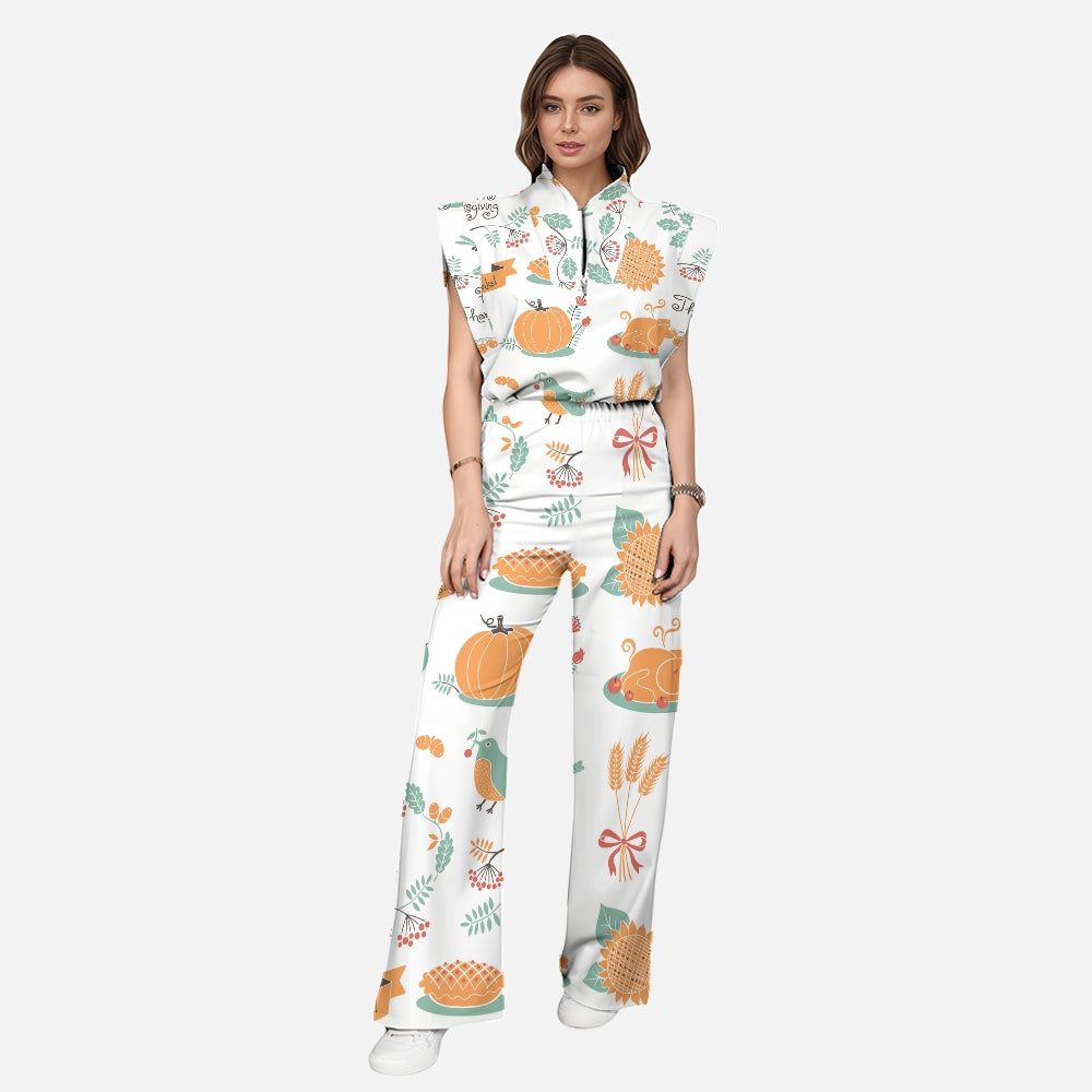 Women's Stand-Up Tie Zipper Thanksgiving Series Printed Scrub Set TS10236