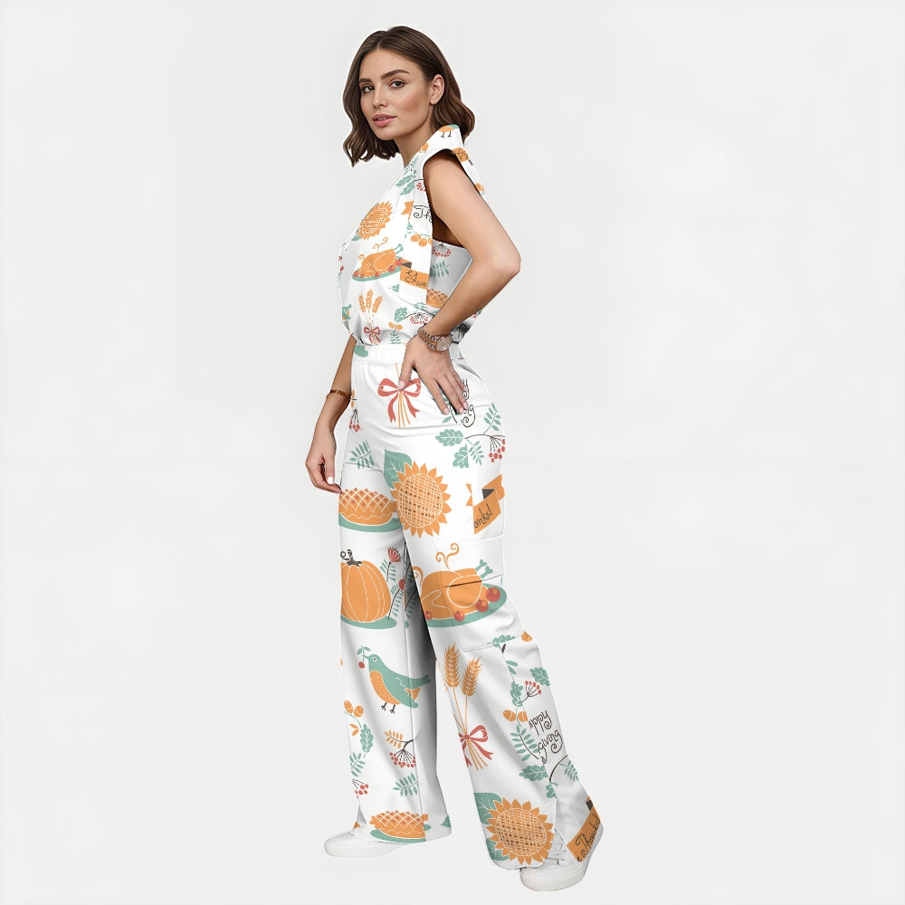 Women's Stand-Up Tie Zipper Thanksgiving Series Printed Scrub Set TS10236