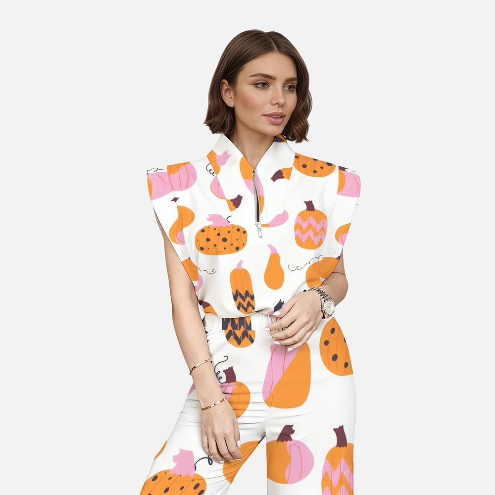 Women's Stand-Up Tie Zipper Thanksgiving Series Printed Scrub Set TS10237