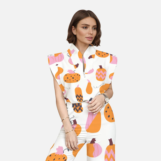 Women's Stand-Up Tie Zipper Thanksgiving Series Printed Scrub Set TS10237