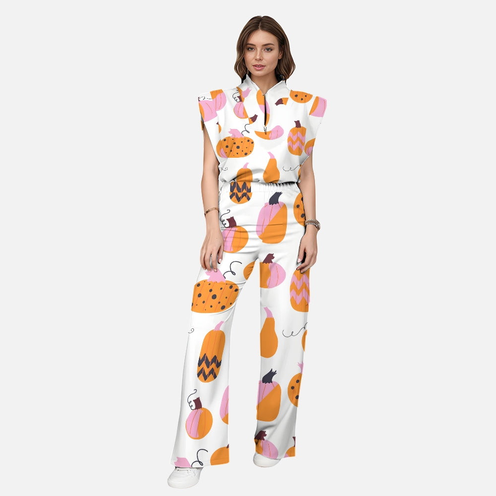 Women's Stand-Up Tie Zipper Thanksgiving Series Printed Scrub Set TS10237