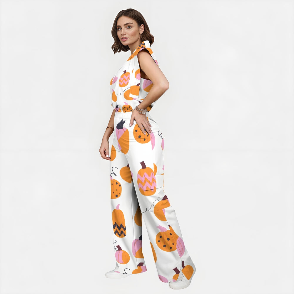 Women's Stand-Up Tie Zipper Thanksgiving Series Printed Scrub Set TS10237