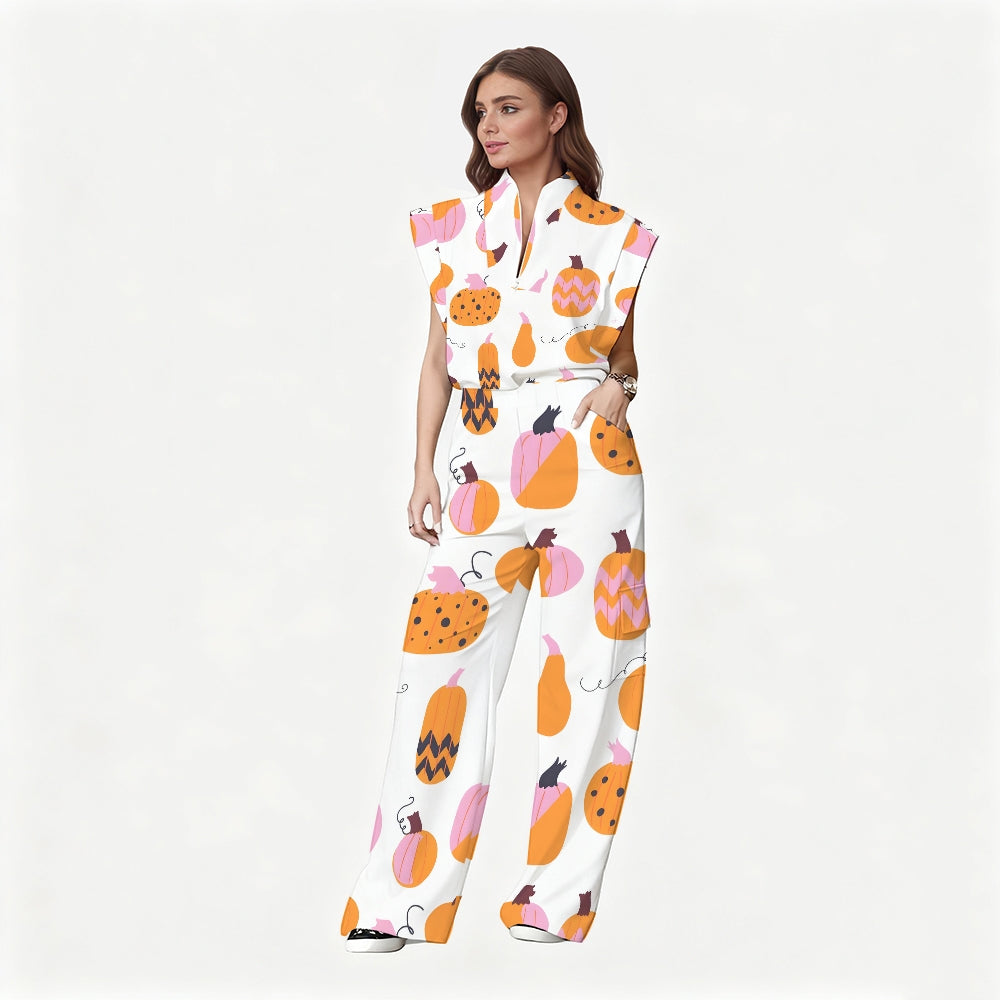 Women's Stand-Up Tie Zipper Thanksgiving Series Printed Scrub Set TS10237