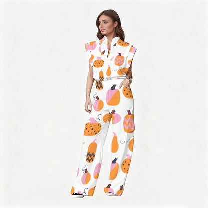 Women's Stand-Up Tie Zipper Thanksgiving Series Printed Scrub Set TS10237