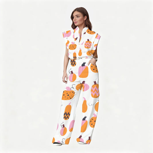 Women's Stand-Up Tie Zipper Thanksgiving Series Printed Scrub Set TS10237