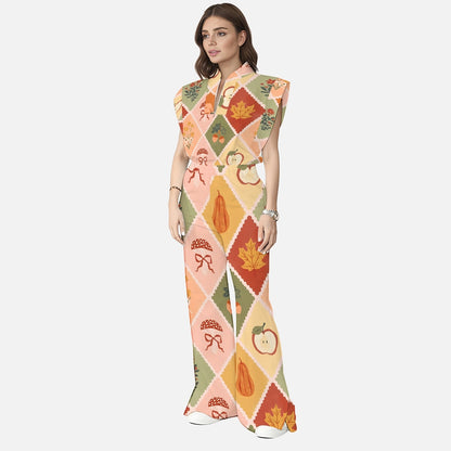 Women's Stand-Up Tie Zipper Thanksgiving Series Printed Scrub Set TS10239
