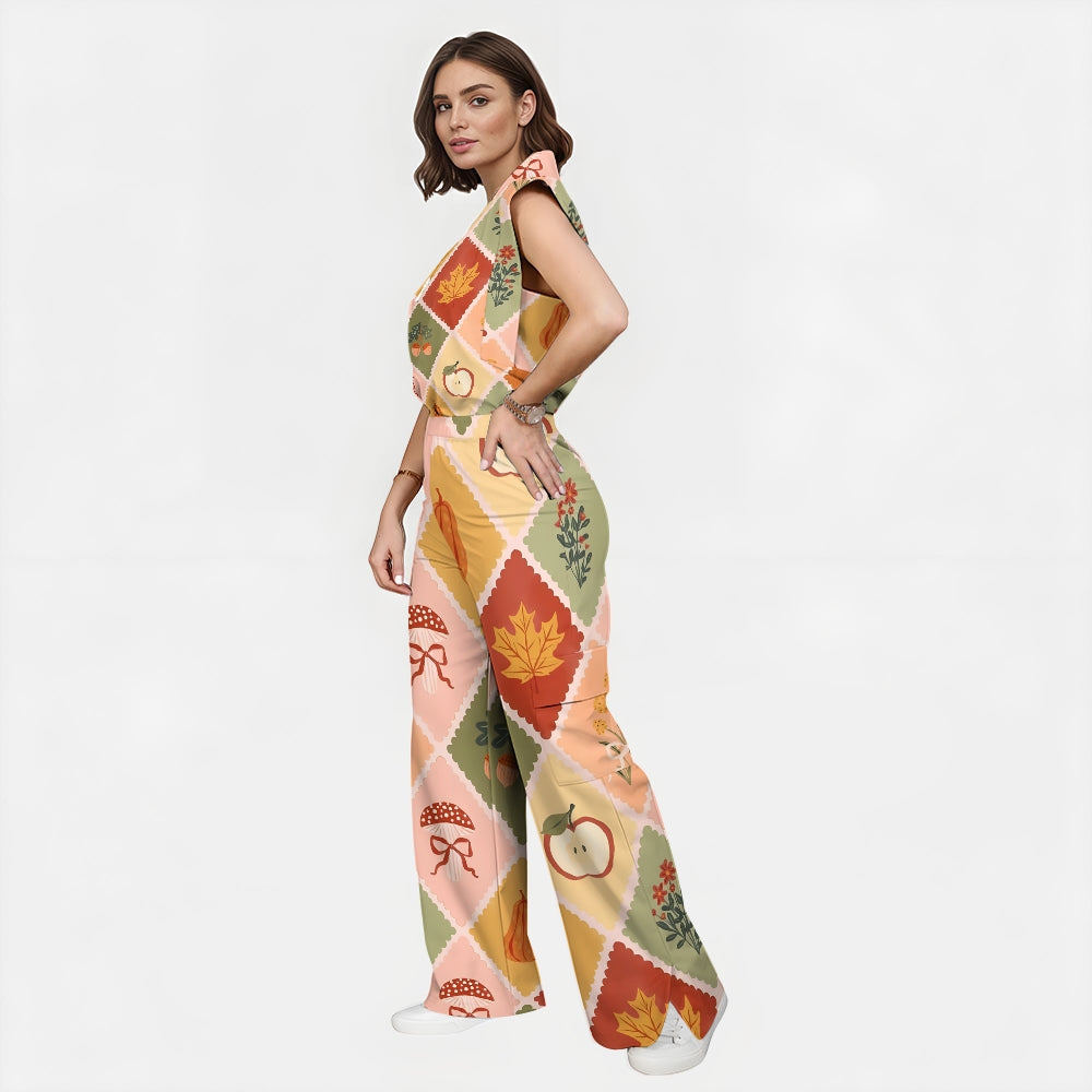 Women's Stand-Up Tie Zipper Thanksgiving Series Printed Scrub Set TS10239