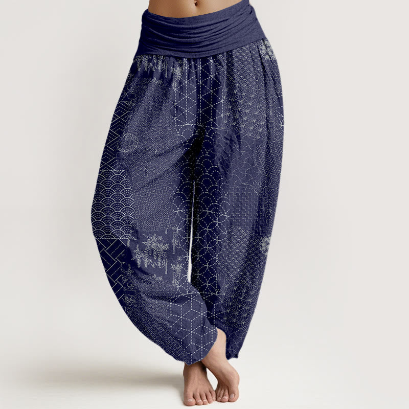 Geometric Pattern Women's Elastic Waist Harem Pure Cotton Printed Pants