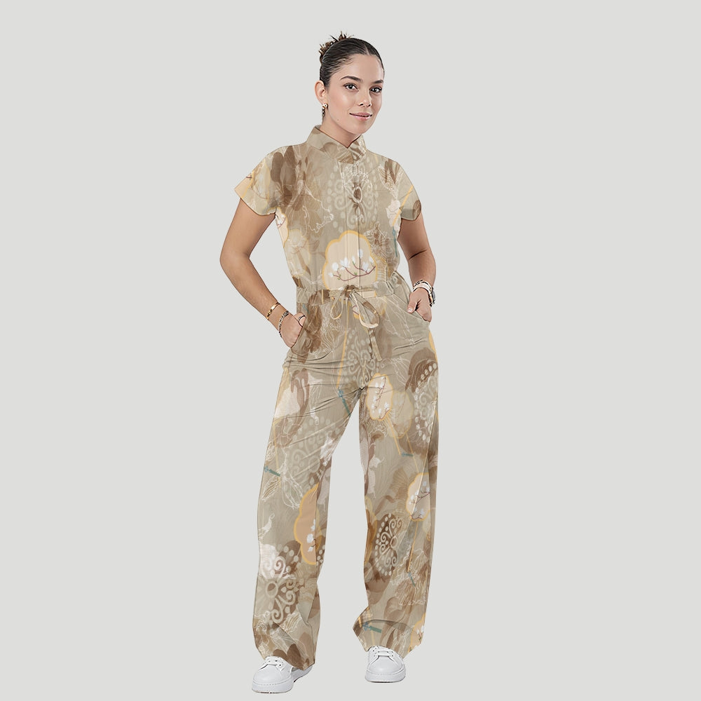 Women's Relaxed Fit Vintage Art Printed Scrub Jumpsuit CJ10271