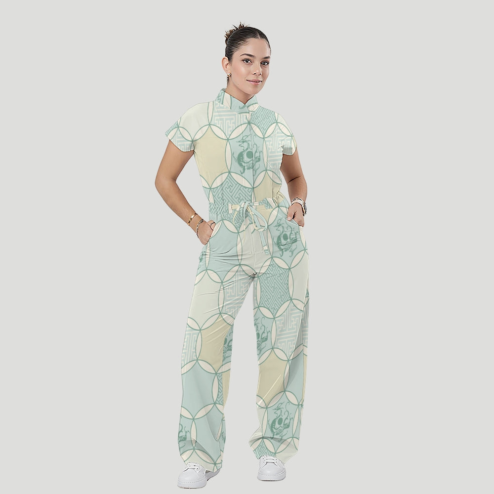 Women's Relaxed Fit Vintage Art Printed Scrub Jumpsuit CJ10273