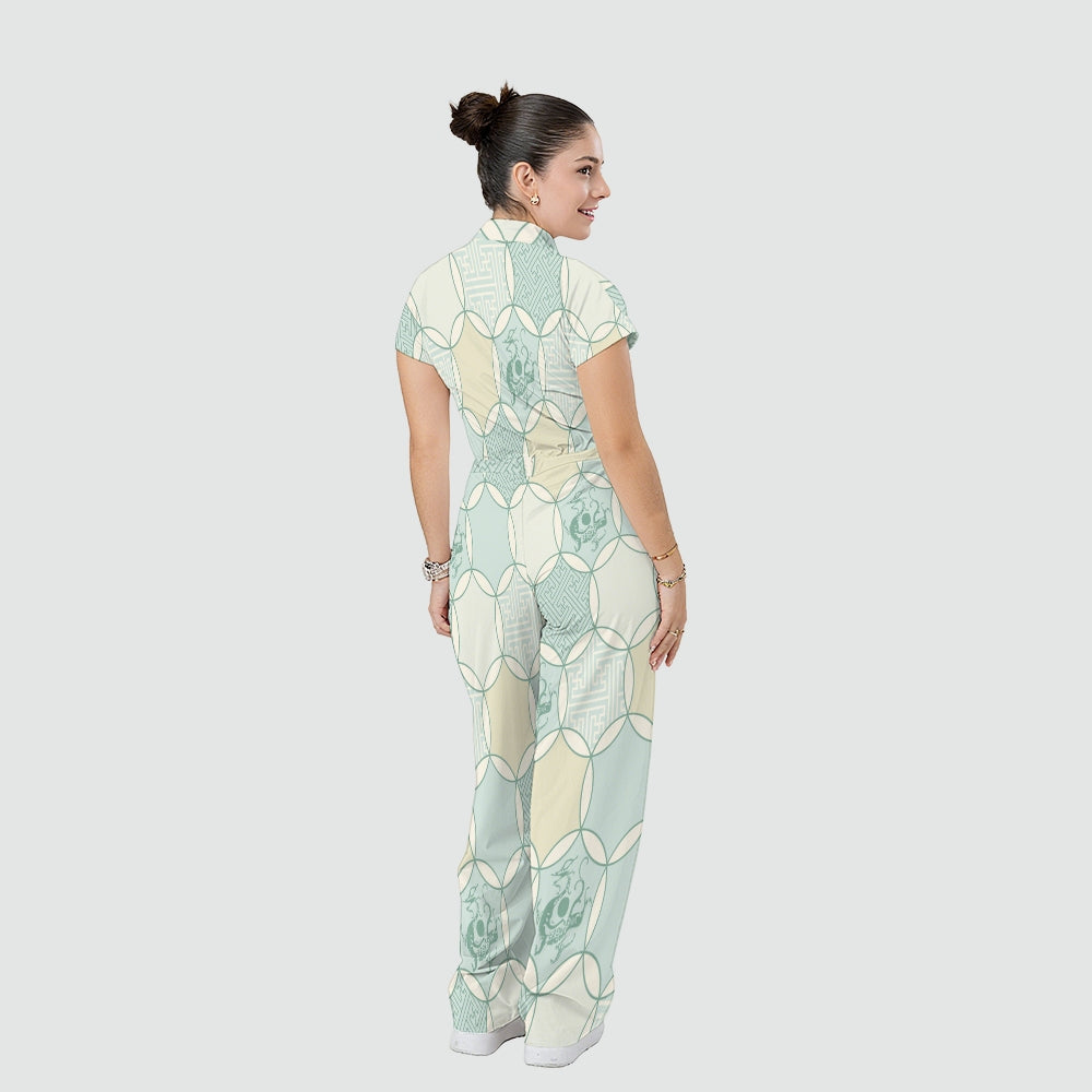 Women's Relaxed Fit Vintage Art Printed Scrub Jumpsuit CJ10273
