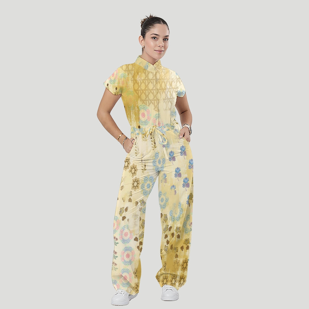 Women's Relaxed Fit Vintage Art Printed Scrub Jumpsuit CJ10274